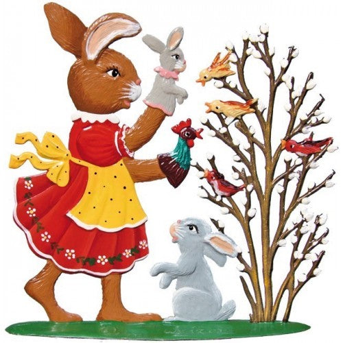Bunny w/ Hand Puppets Hand Painted German Pewter Figurine