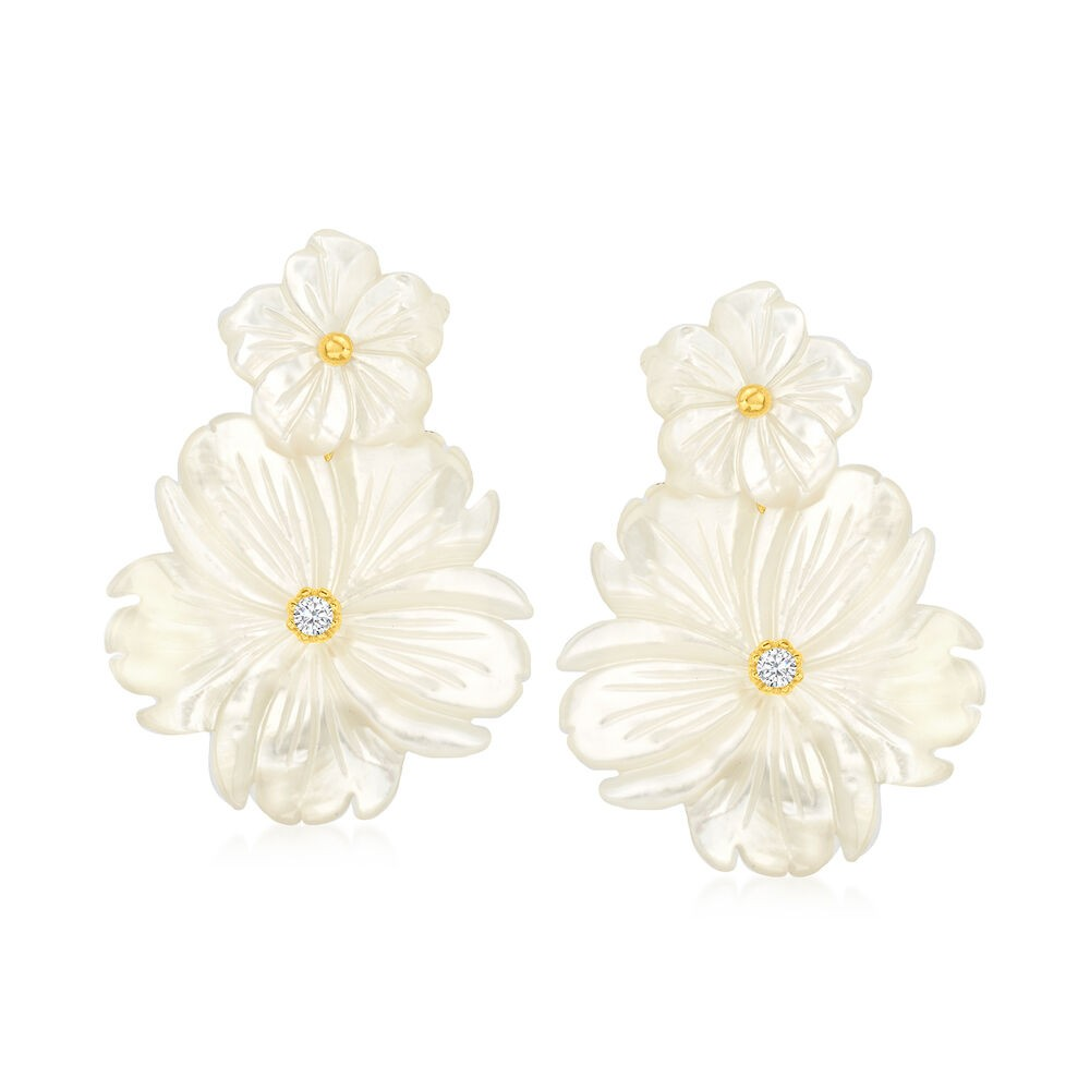 Ross-Simons Mother-of-Pearl and .20 ct. t.w. White Topaz Flower Removable Drop Earrings