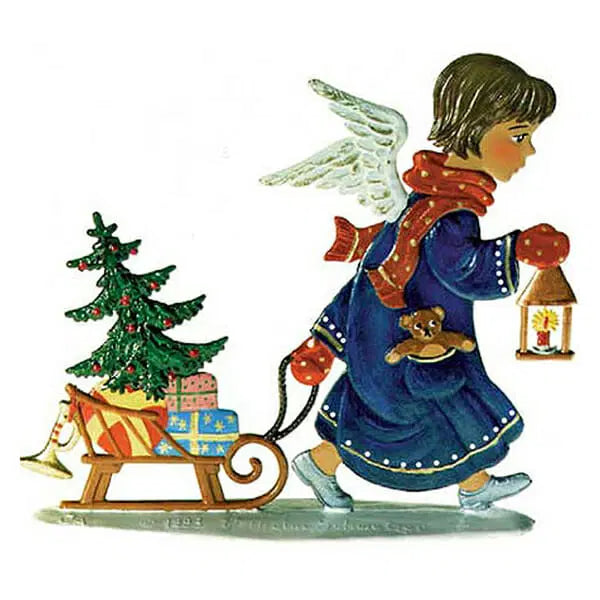 Angel Pulling Sled Hand Painted German Pewter Figurine