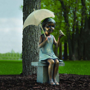 Girl on Garden Bench w/Bird and Umbrella Statue for