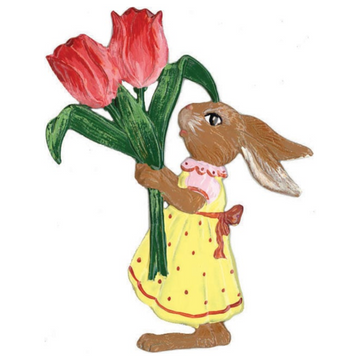 Bunny Girl Holding Tulips Hand Painted German Pewter Ornament
