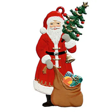 Santa with Tree and Sack Hand Painted German Pewter Ornament