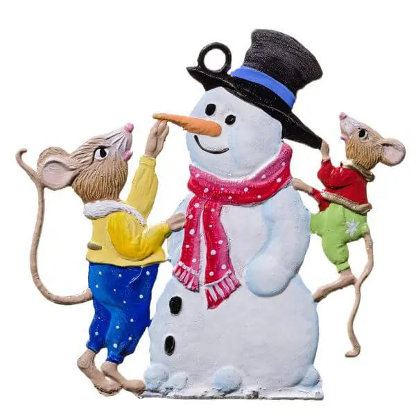 Mice with Snowman German Pewter Hand-Painted Ornament