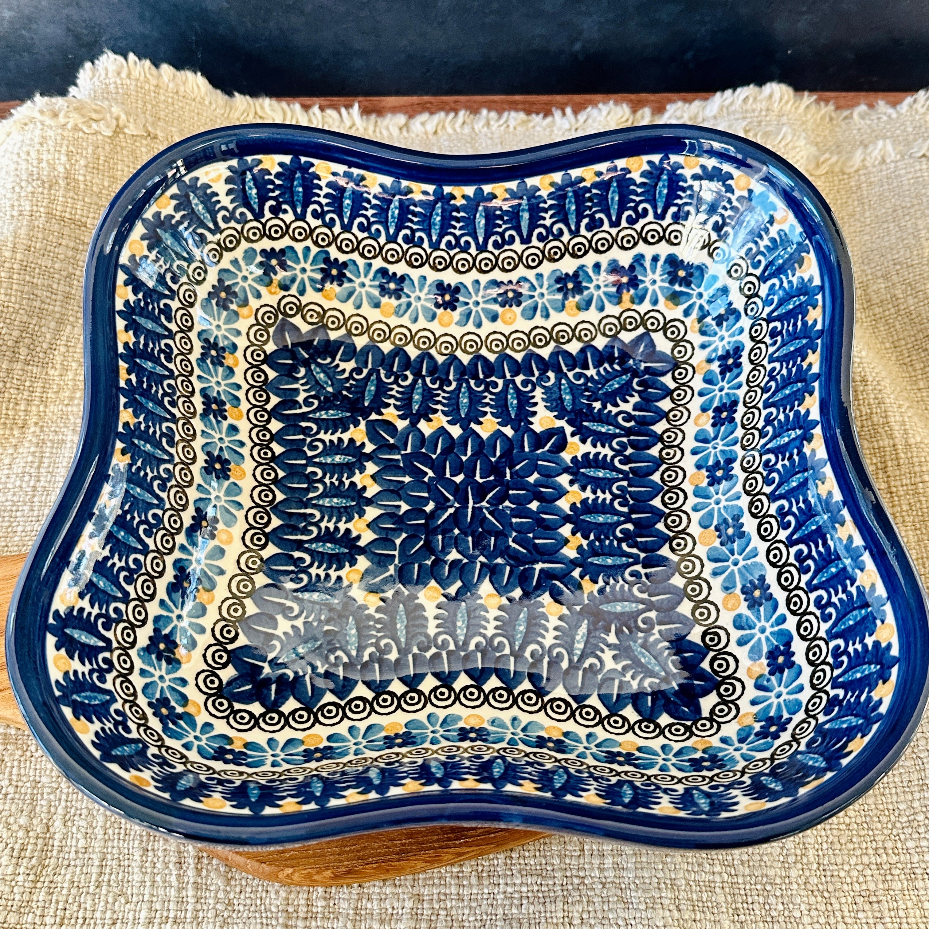 Polish Pottery Signature Large Square Curved Bowl