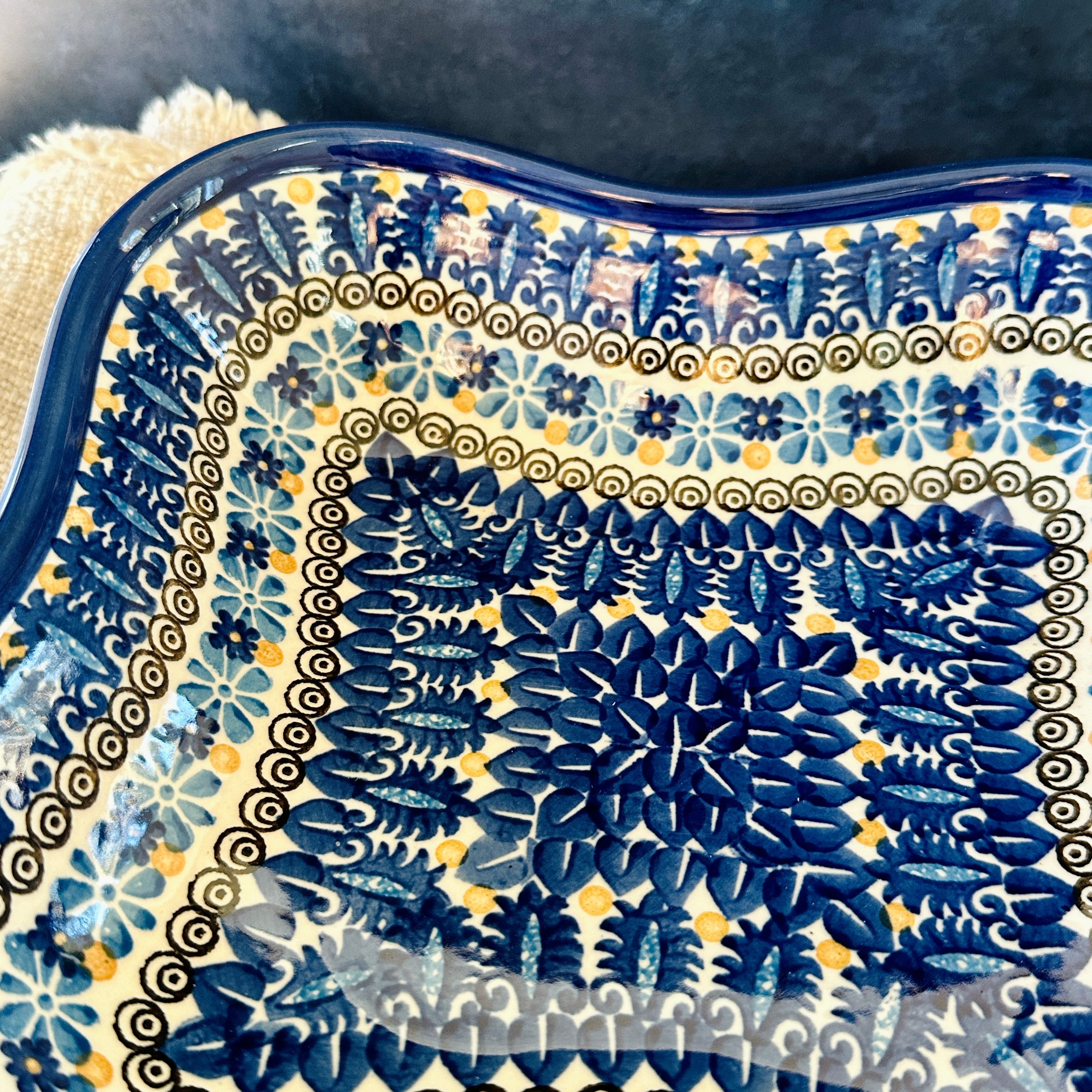 Polish Pottery Signature Large Square Curved Bowl