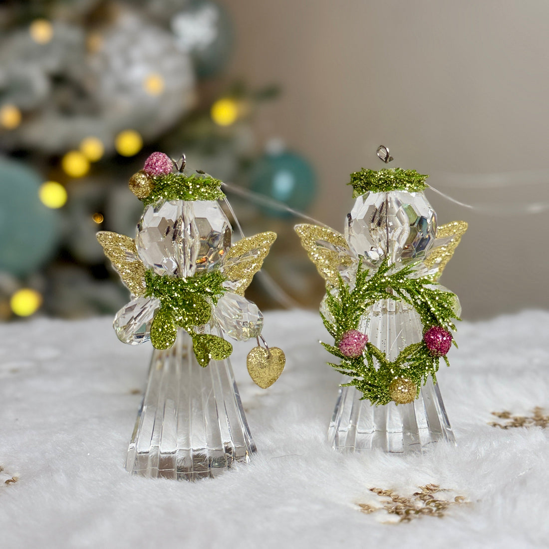 Set of 2 Tiny Mistletoe Angels Ornaments for
