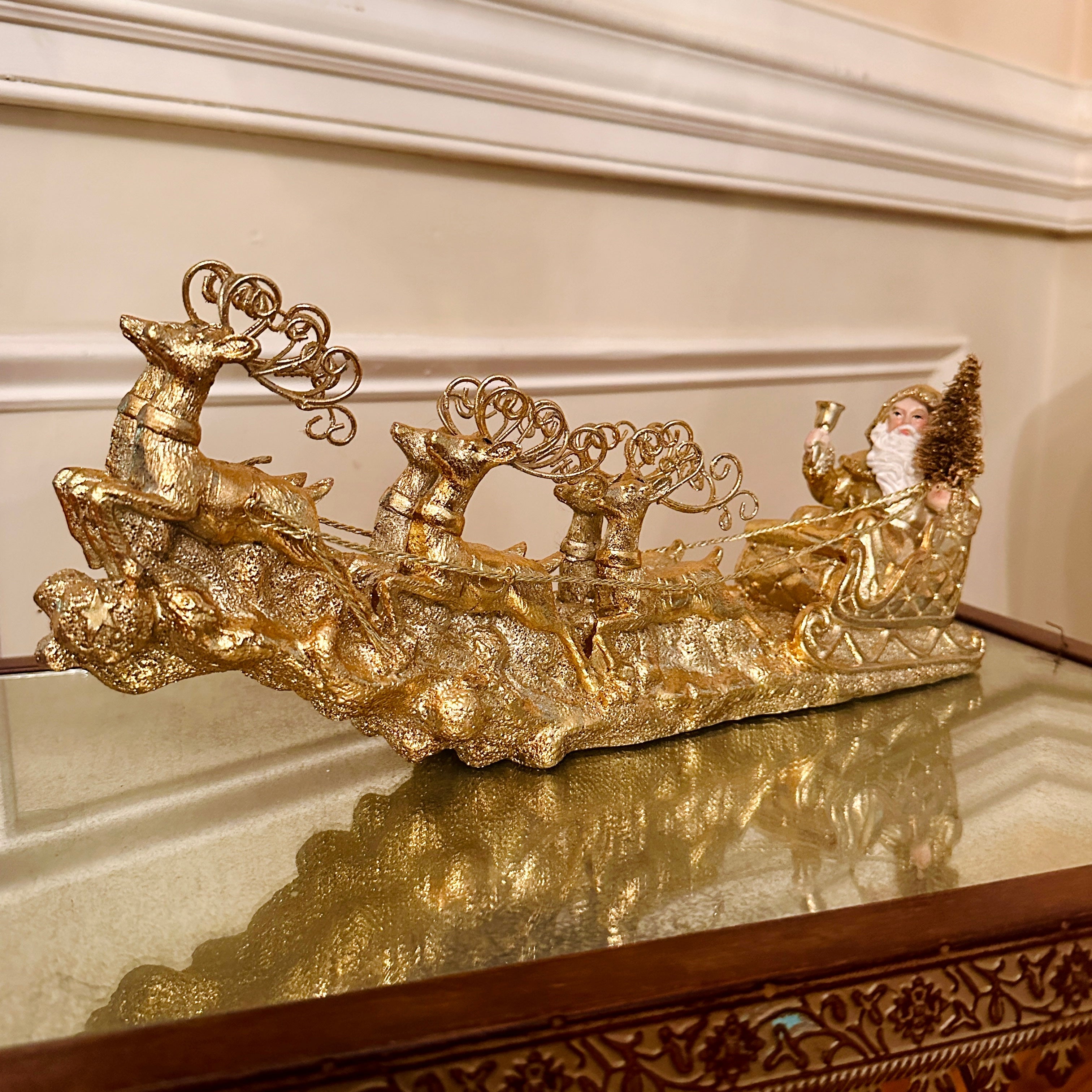 Golden Santa In Sleigh With Reindeer for