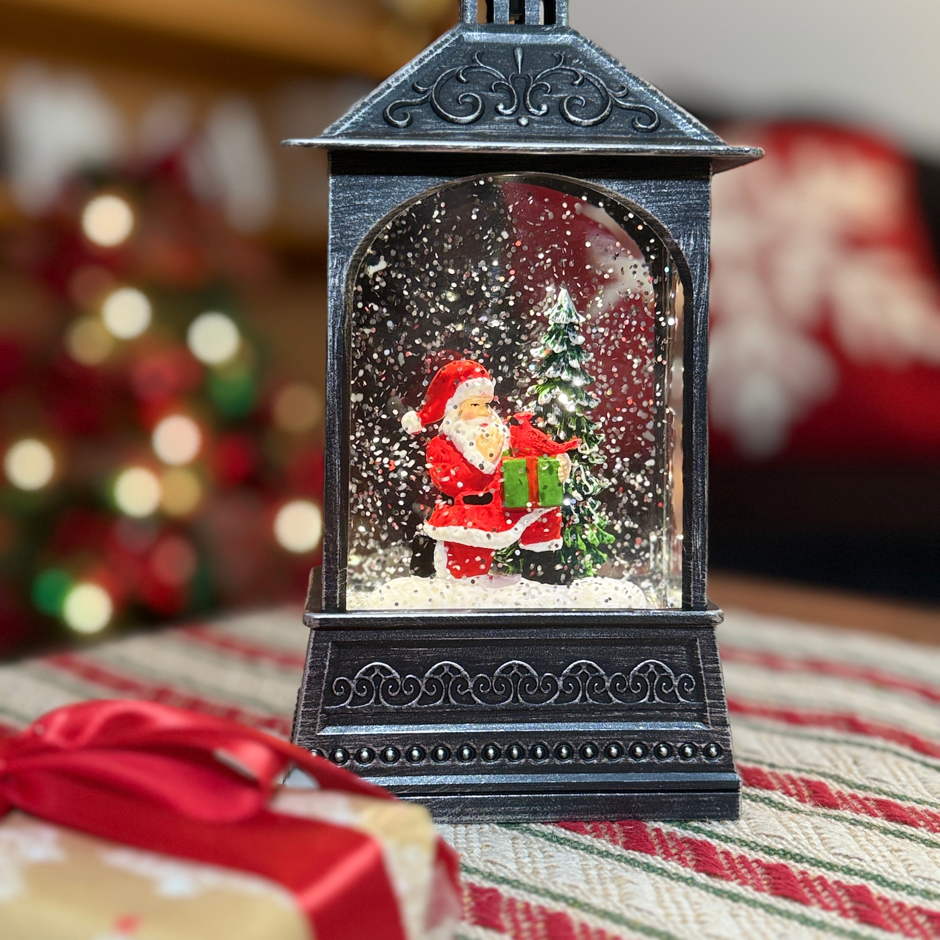 Black Lighted Swirl Santa Lantern w/ Cardinal for