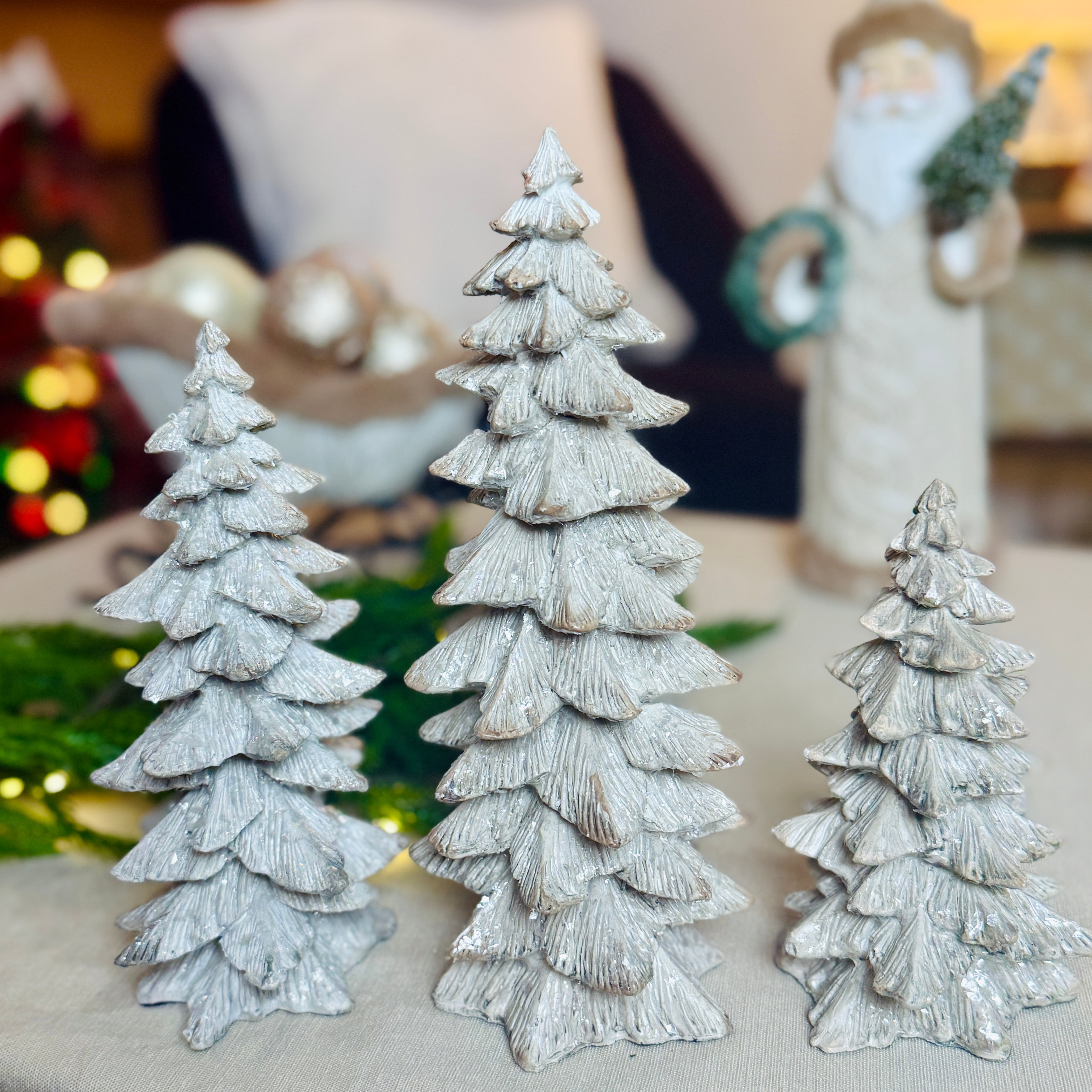 Set of 3 Whitewashed Glittered Trees for