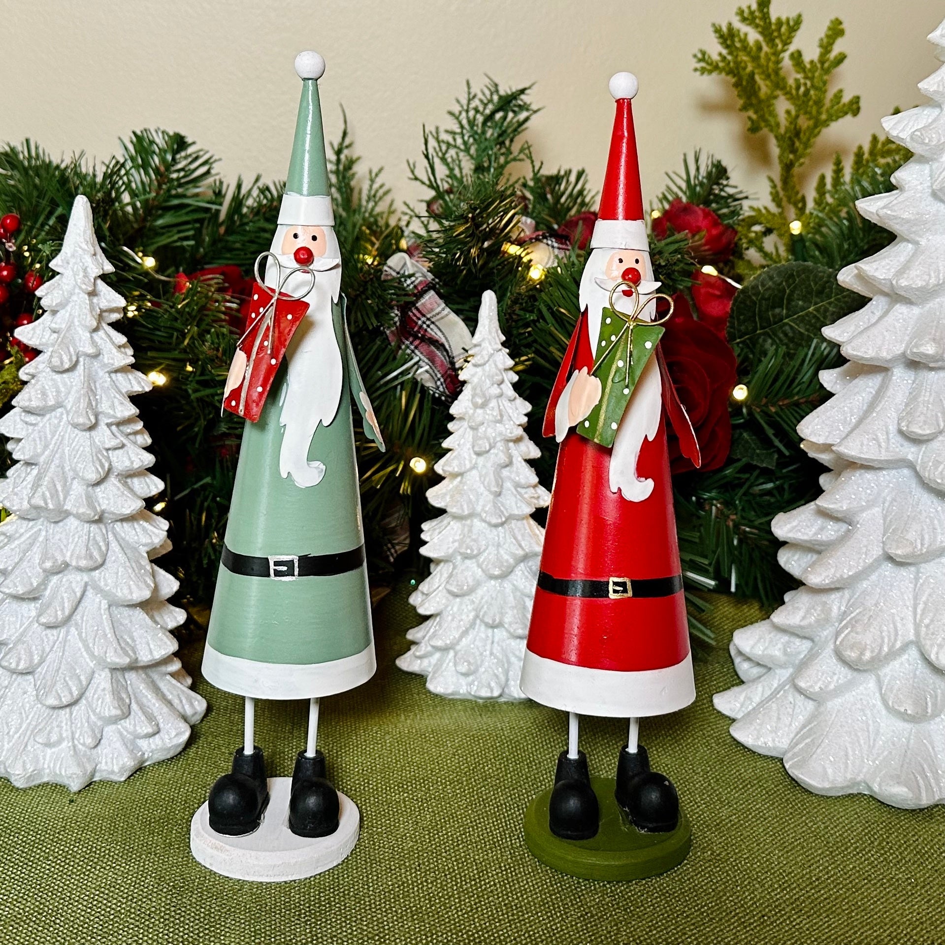 Set of 2 Red and Green Metal Cone Santas for