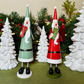 Set of 2 Red and Green Metal Cone Santas for