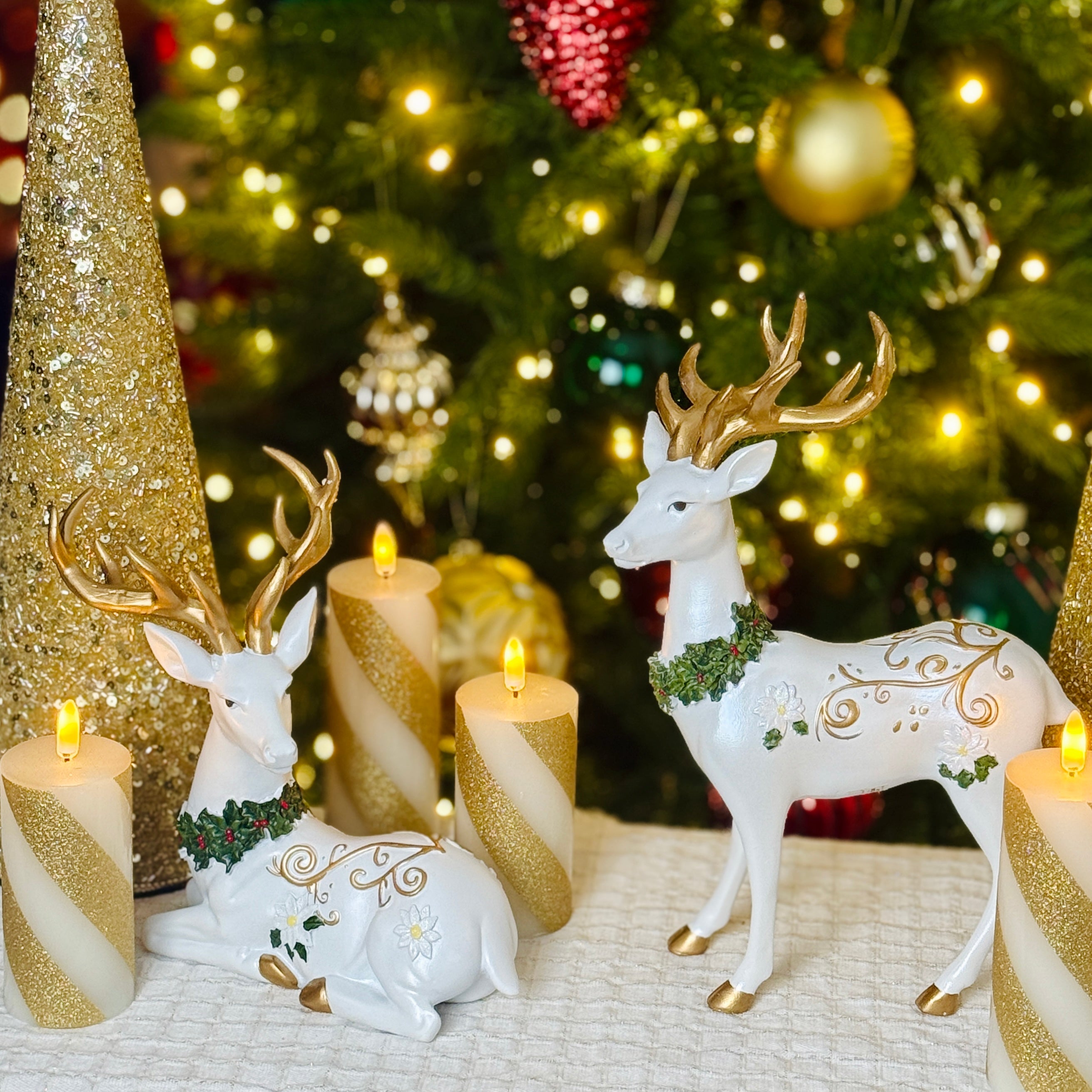 Set of 2 Poinsettia Deer w/ Swirl Design for