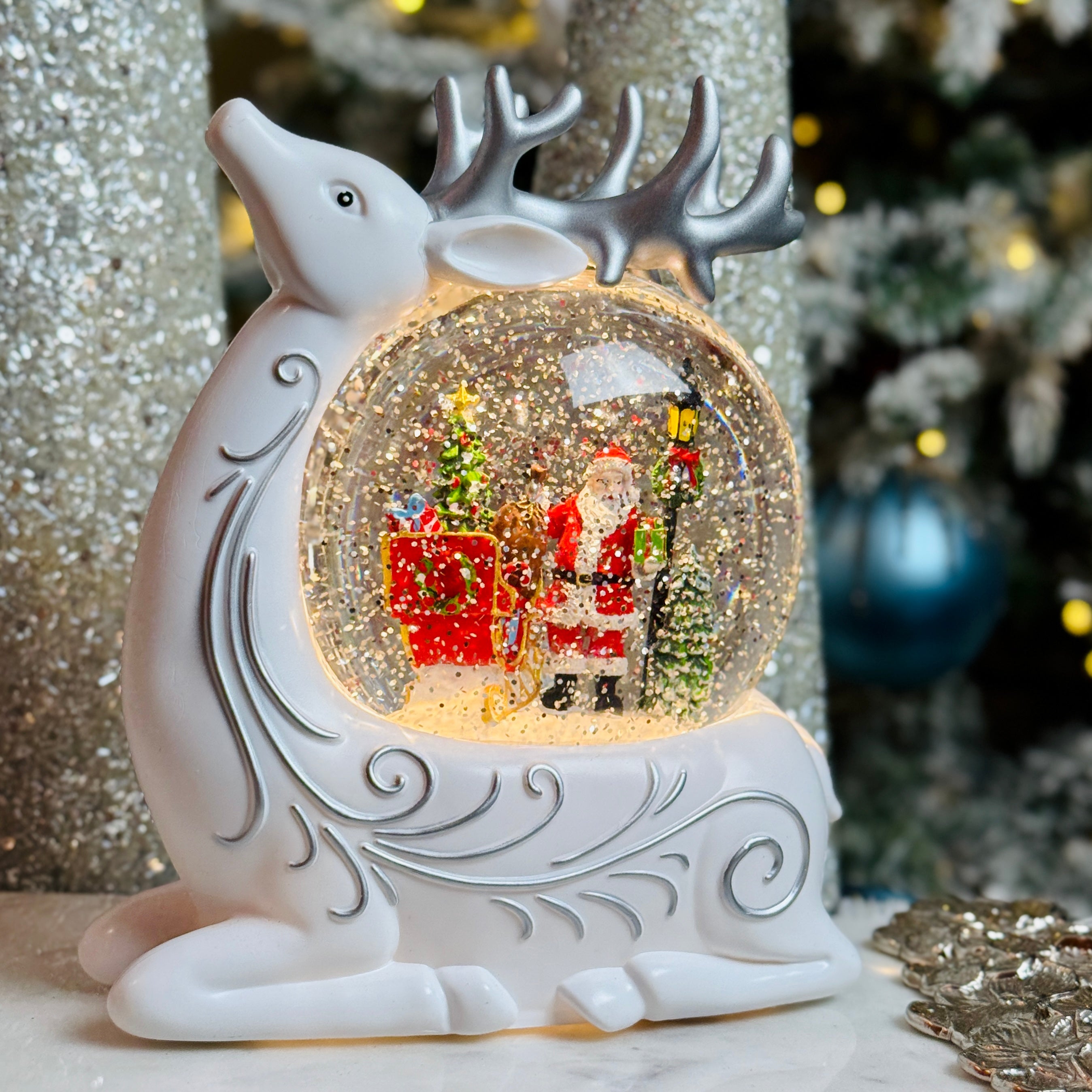 Lighted Swirl Deer w/ Santa and Sleigh in Globe for