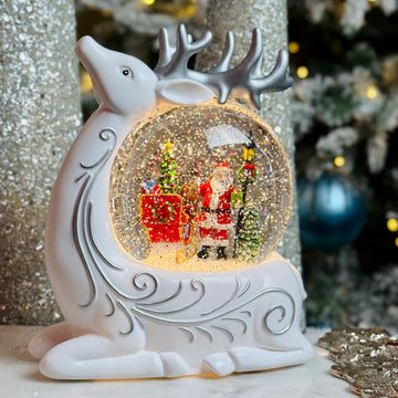 Lighted Swirl Deer w/ Santa and Sleigh in Globe for
