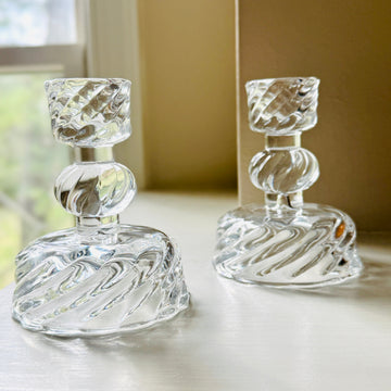 Set of 2 Small Glass Swirl Taper Candle Holders for Just Jill