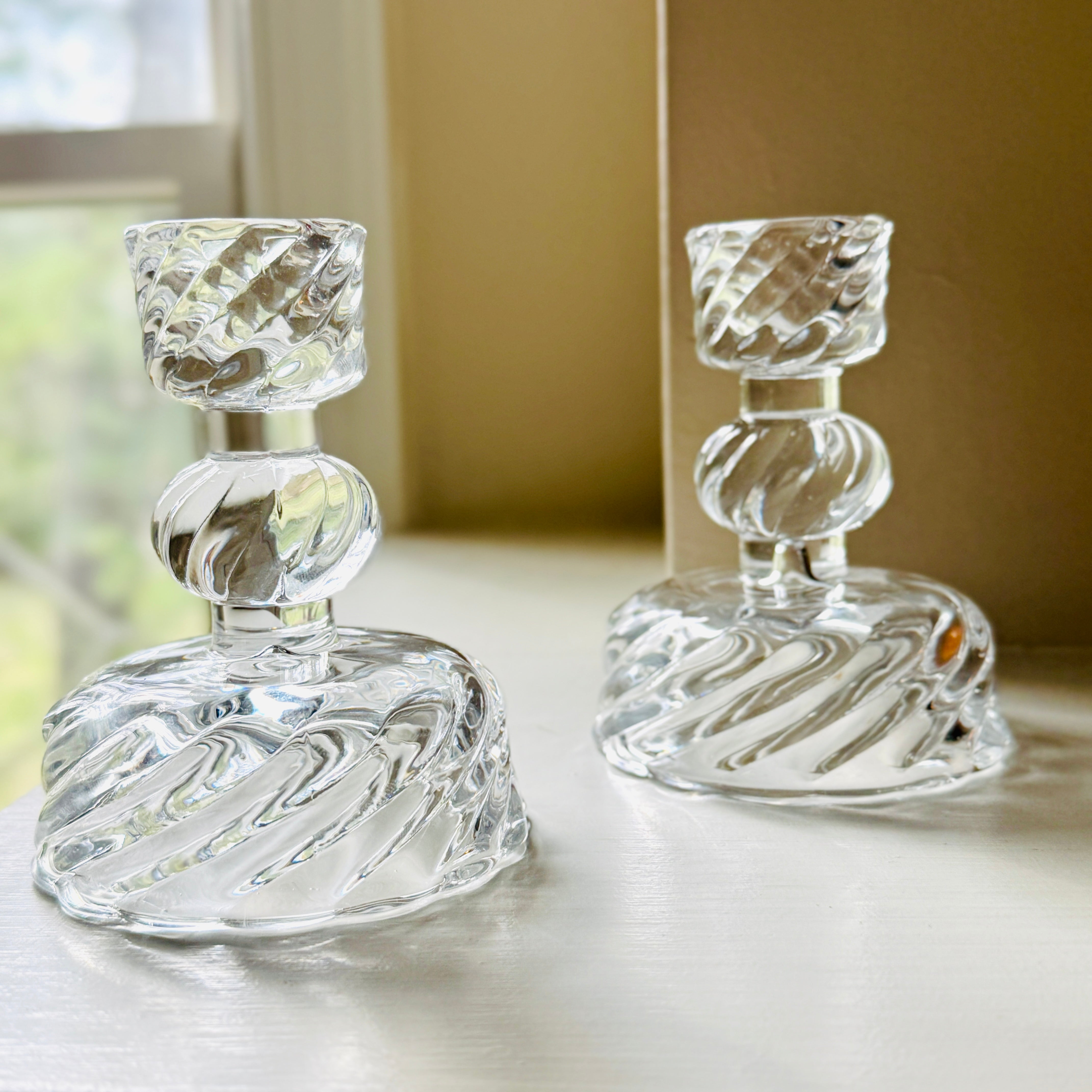 Set of 2 Small Glass Swirl Taper Candle Holders for Just Jill