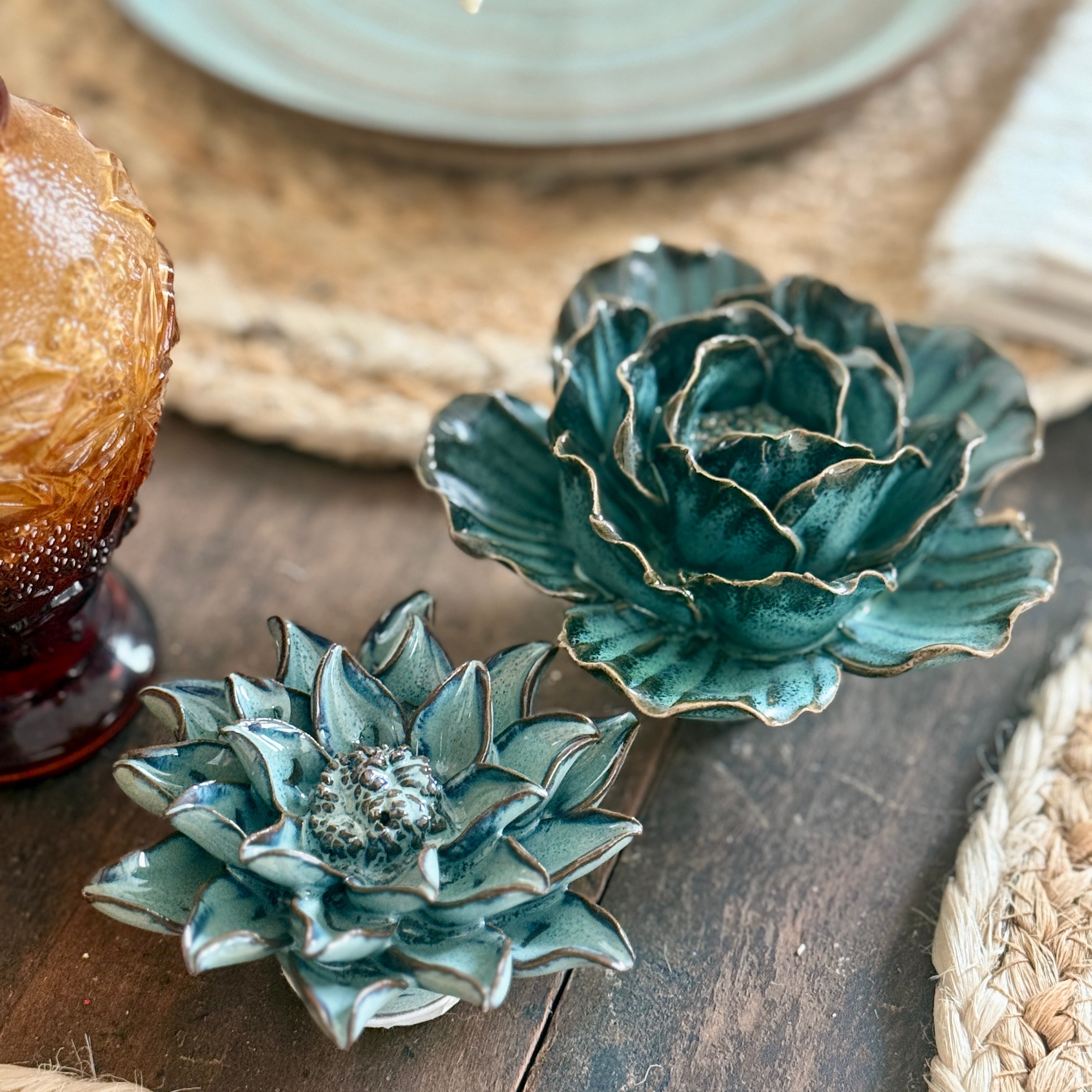 Set of 2 Teal-Blue Ceramic Flowers for
