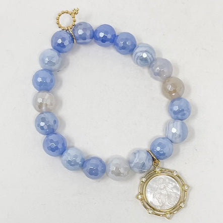PowerBeads by jen Ethereal Blue Agate w/ Mother of Pearl Mary Charm