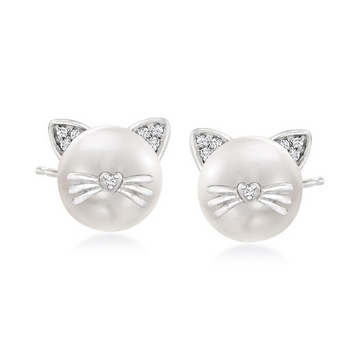 Ross-Simons 8-8.5mm Cultured Pearl Cat Earrings with Diamond Accents
