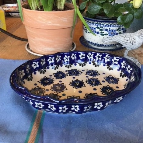 Polish Pottery Small Oval Ruffled Serving Dish