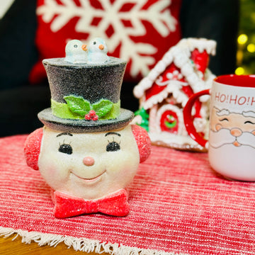 Jolly Snowman Head Figurine with Birds for