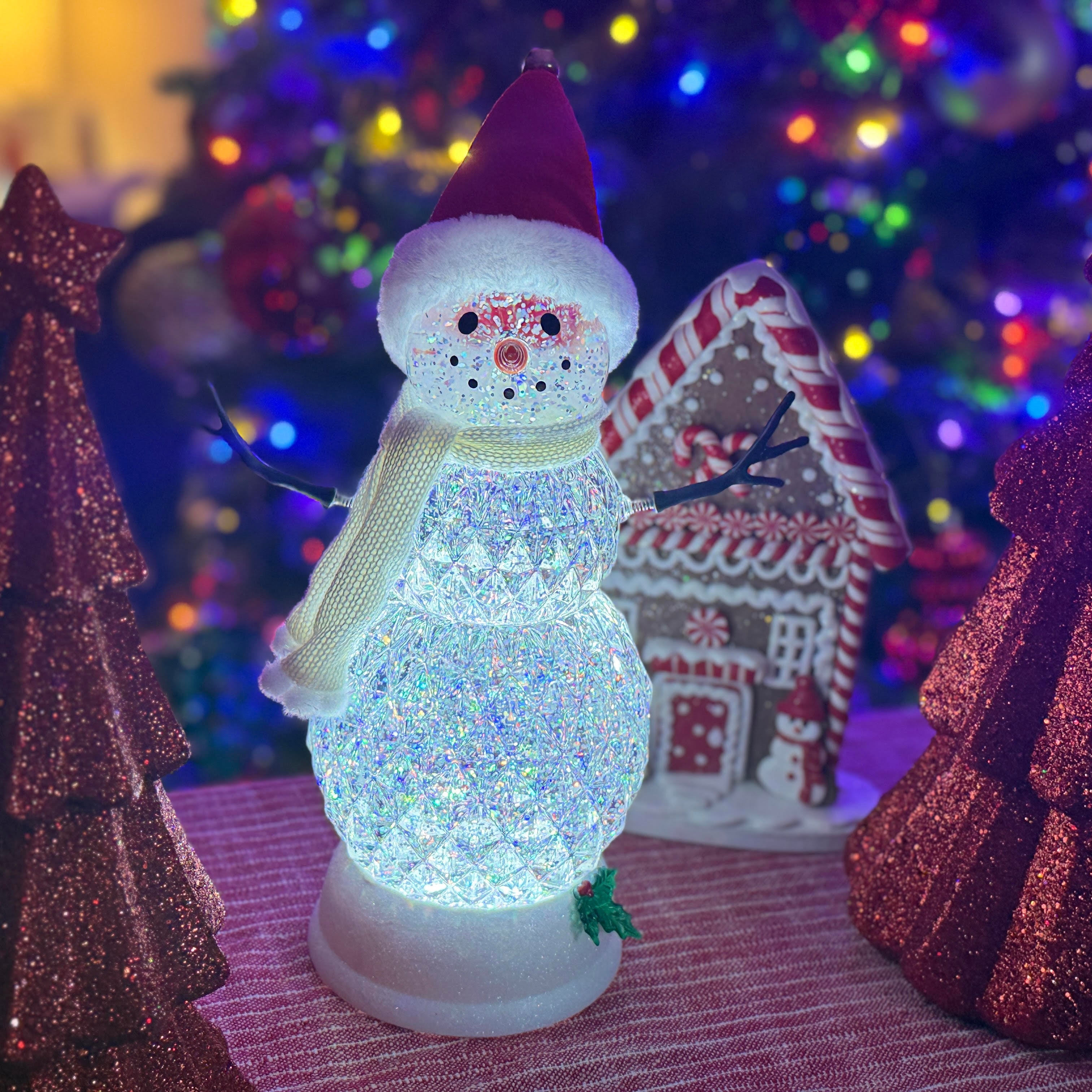 Lighted Swirl Snowman w/ White Scarf and Red Hat for