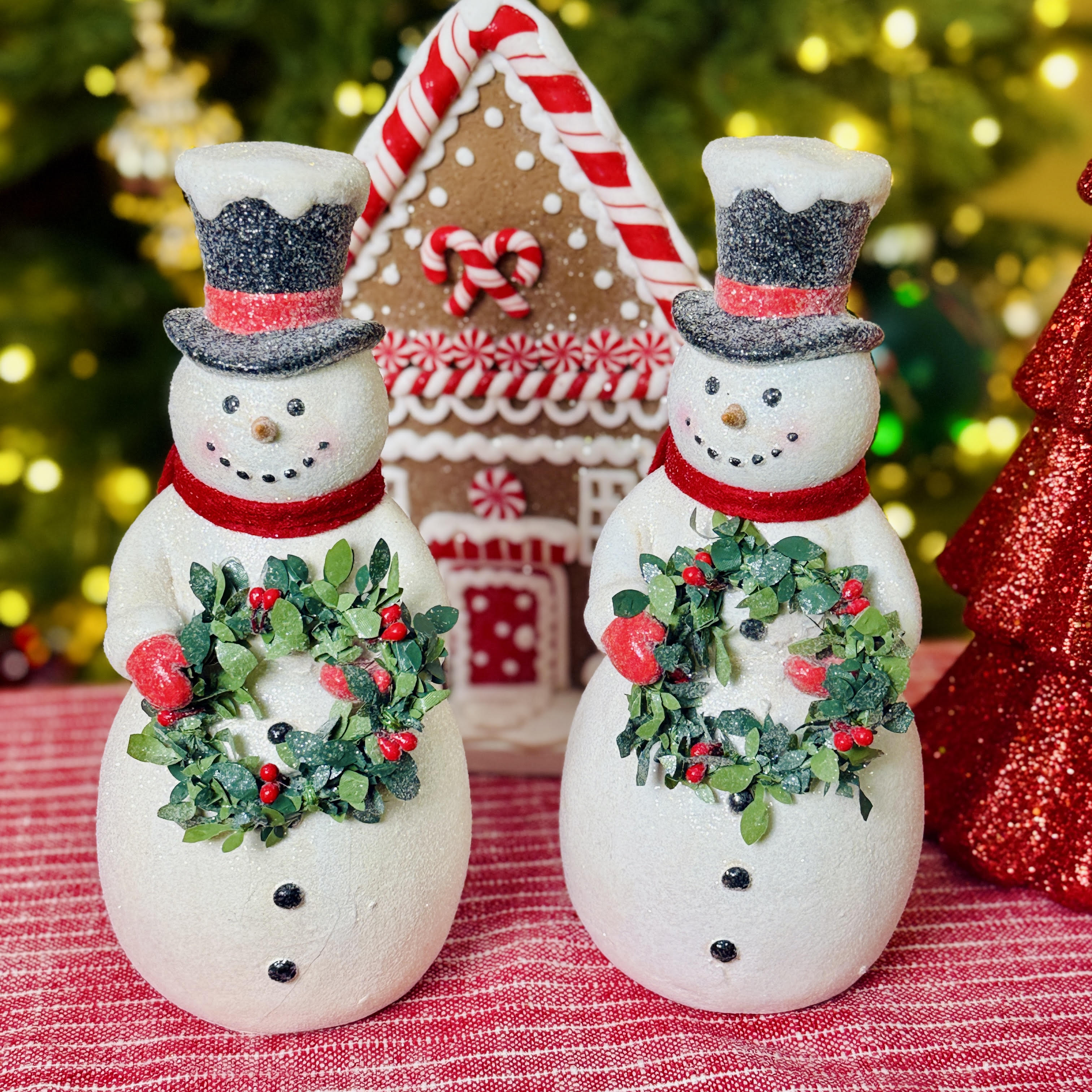 Set of 2 Red Scarf Snowmen for